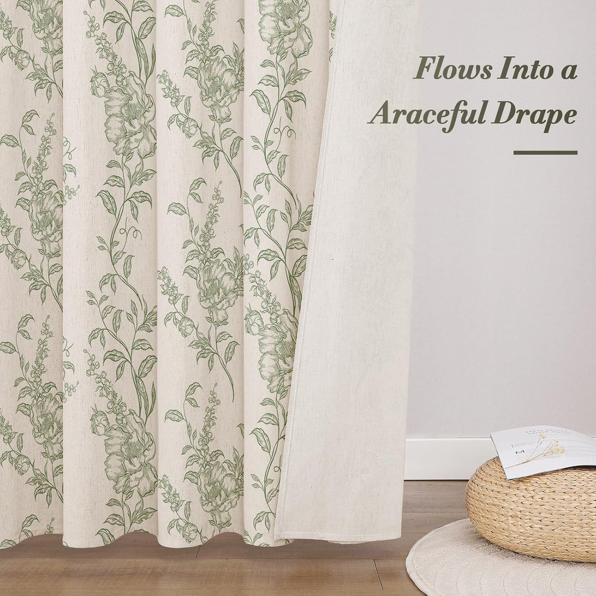 Sage Linen Farmhouse Shower Curtain, Boho Floral Bathroom 72x72