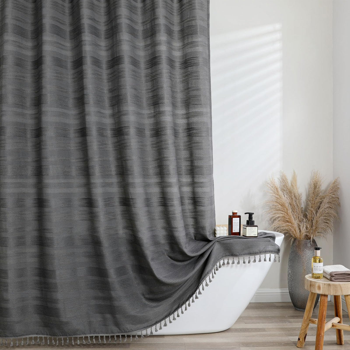 OVZME Extra Long Linen Shower Curtain - 84 Inch Long, Modern Farmhouse Heavy Duty Textured Soft Fabric, Rustic Country Boho Cloth Shower Curtain with Tassel for Bathroom Hotel, 72Wx84L Inches