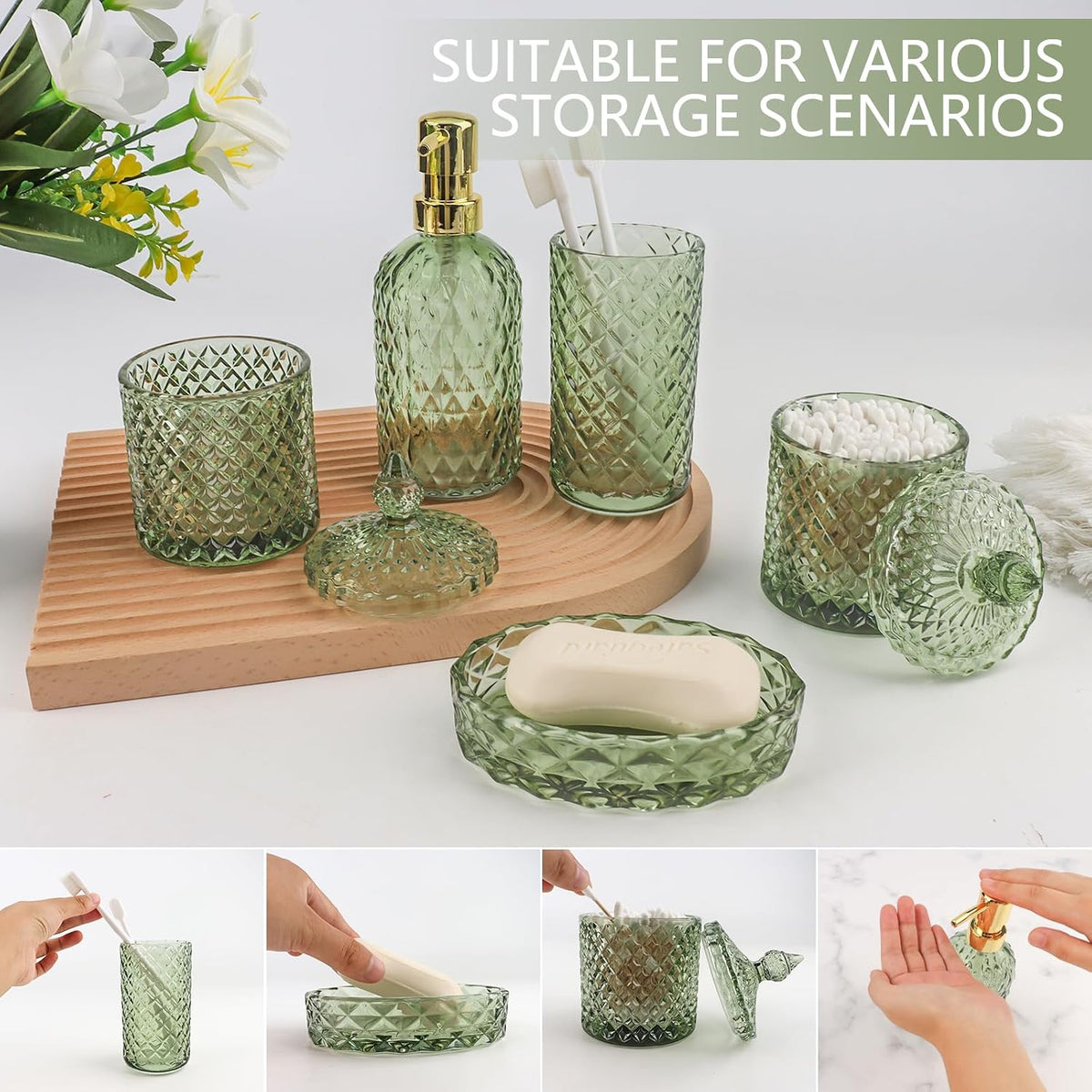5Pcs Glass Bathroom Accessories Set,Green Vintage Bathroom Accessory Set