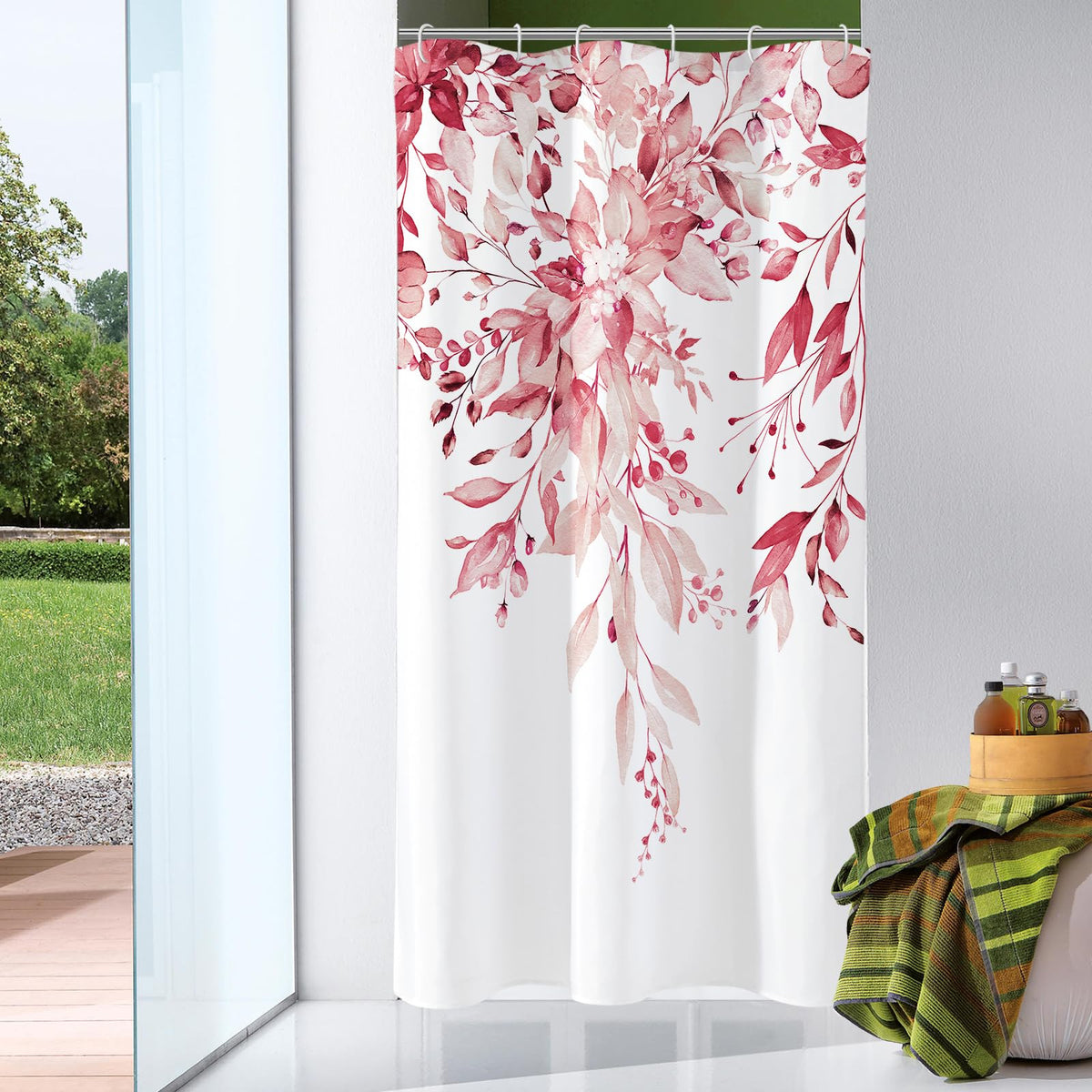 Gibelle Olive Green Eucalyptus Shower Curtain, Floral Print, 72x72