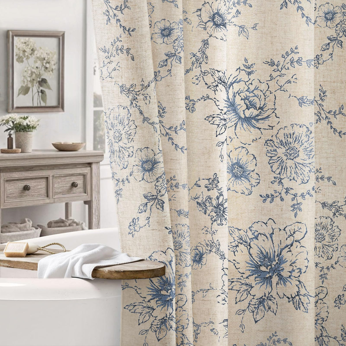 Farmhouse Floral Vintage Shower Curtain for Bathroom, Black and Tan Taupe