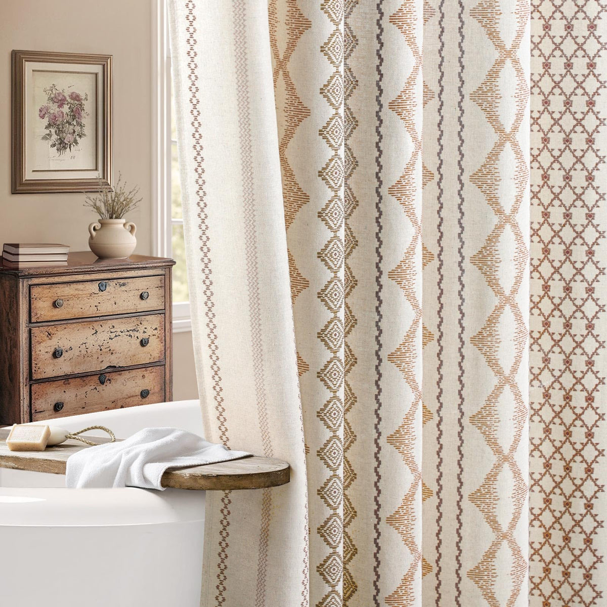 Nave Blue Boho Linen Shower Curtain,72" W x 72" L
