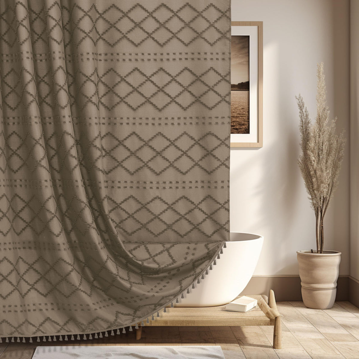 Siiluminisoy Sage Green Boho Shower Curtain Fabric Shower Curtain, 72 x 72 Tufted Chevron Textured Striped Modern Farmhouse Minimalist Cloth for Bathroom