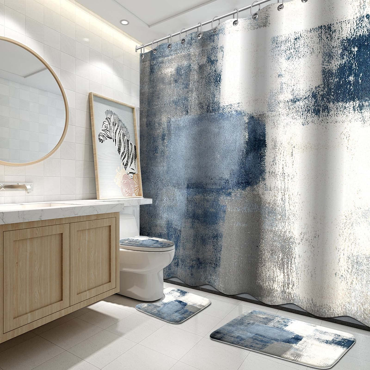 Lnond 4Pcs Bathroom Shower Curtain Sets with Rugs,Orange Modern Painting Art Bathroom Sets with Shower Curtain and Rugs and Accessories