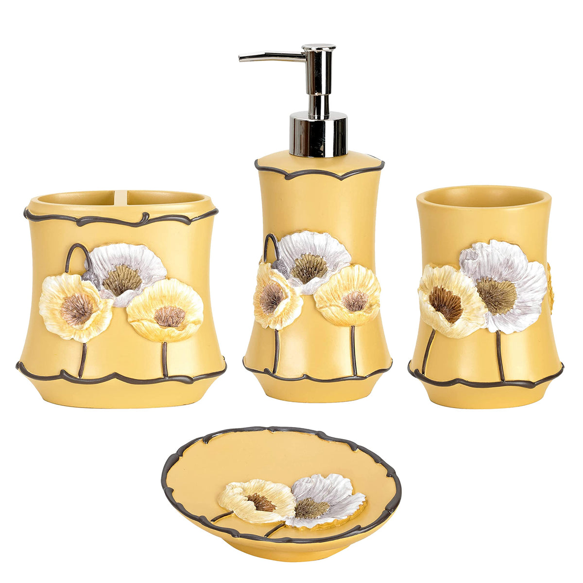 Zahari Home 4pc Modern Line Modern Bathroom Accessories Set Modern Soap Dispenser, Tumbler, Tooth Brush Holder and Dish Soap Holder Luxury Contemporary Grey Decor Unique Design Luxury Bath Set