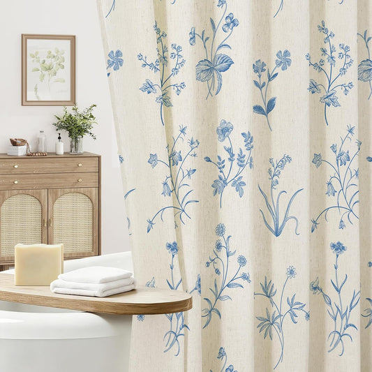 MitoVilla Blue Boho Linen Shower Curtain - Floral Farmhouse Curtain 72x72