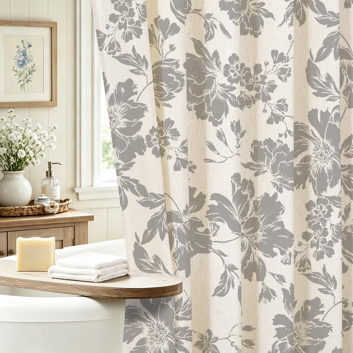 Sage Farmhouse Boho Botanical Floral Linen Shower Curtain, 72x72