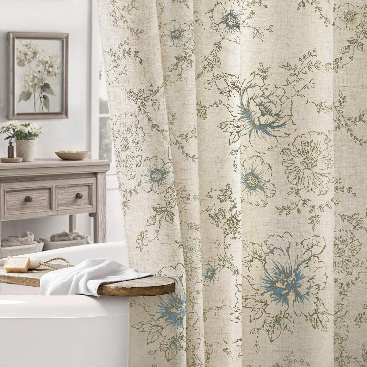 Farmhouse Floral Vintage Shower Curtain for Bathroom, Black and Tan Taupe