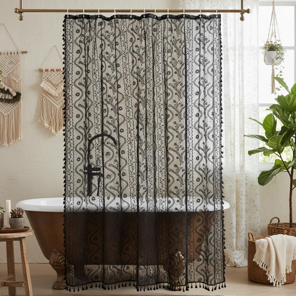 WAZZIO Terracotta Lace Shower Curtain for Bathroom 72" W x 84" L, Victorian Farmhouse Floral Pattern Tassel Fancy Shower Curtain Boho Washable Cloth Decorative Bath Curtains,1 Panel