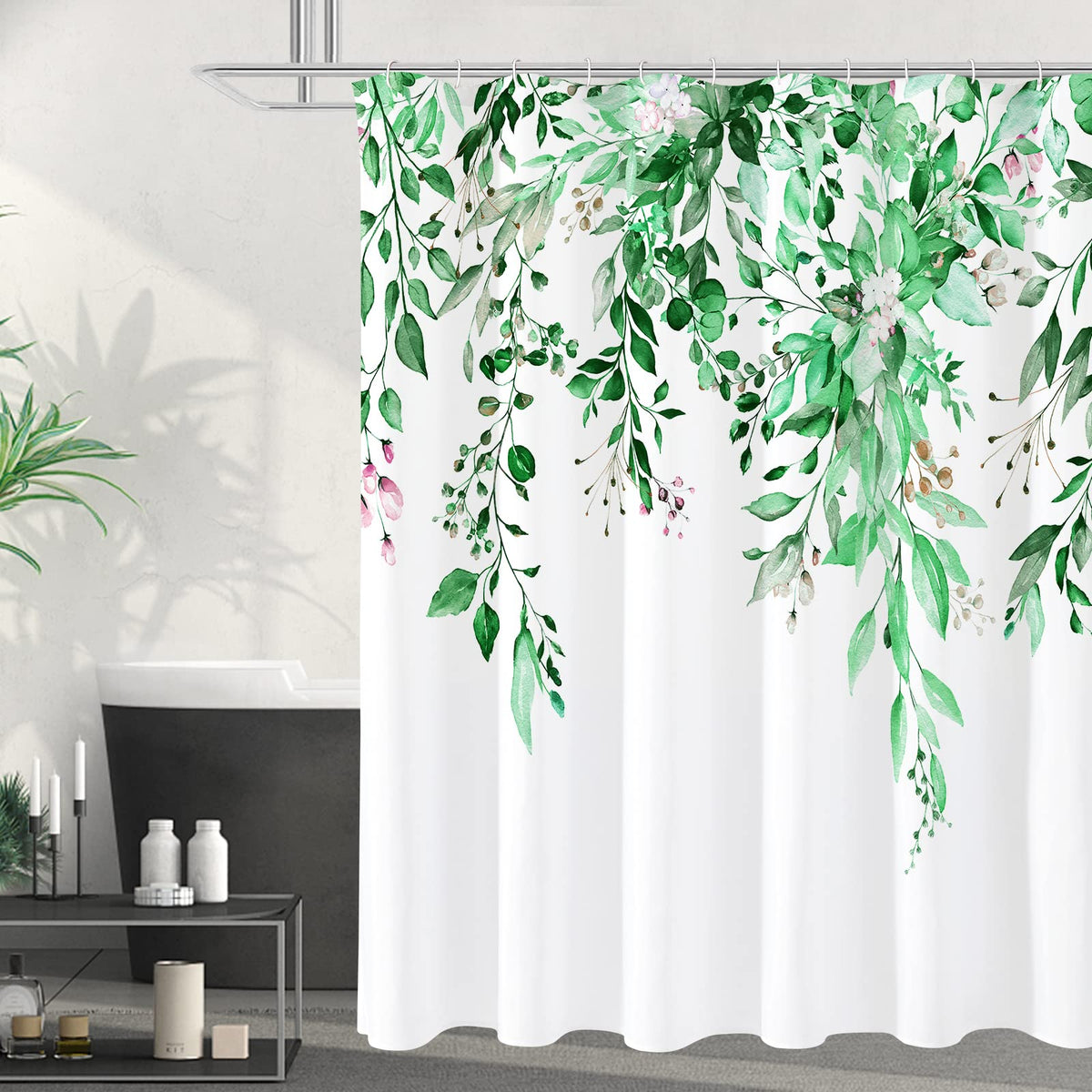 Gibelle Olive Green Eucalyptus Shower Curtain, Floral Print, 72x72