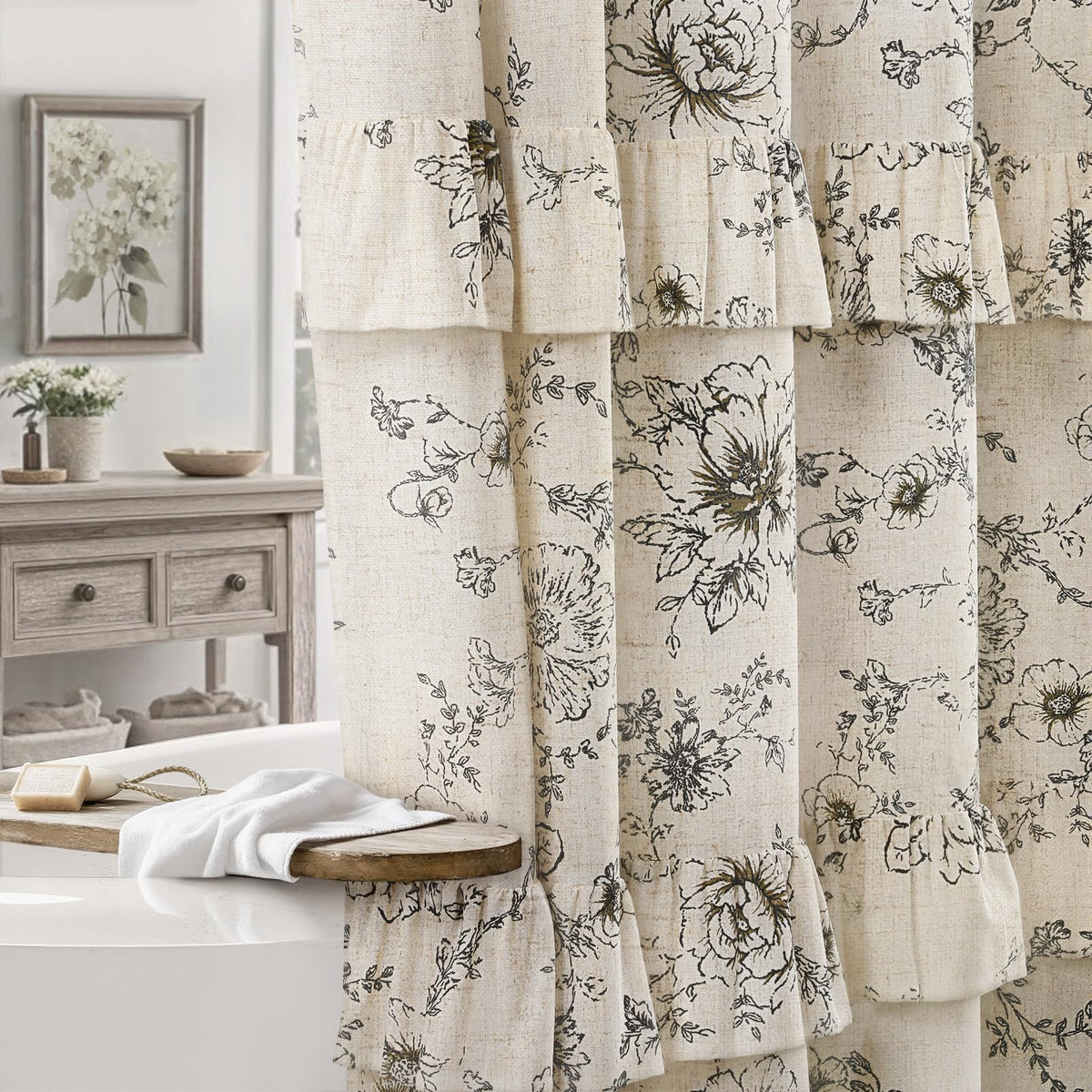 Farmhouse Floral Vintage Shower Curtain for Bathroom, Black and Tan Taupe