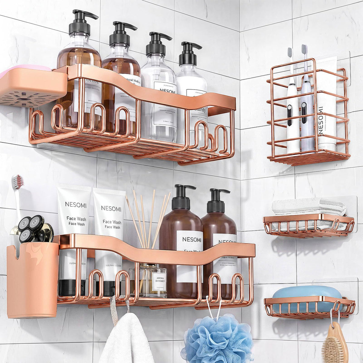 NESOMI Shower Caddy Adhesive Shower Organizer 7-Pack, Rustproof Stainless Steel Bathroom Shelves, Large Capacity No-Drill Rack Storage Accessories with Soap Dish Toothbrush Holder Hooks