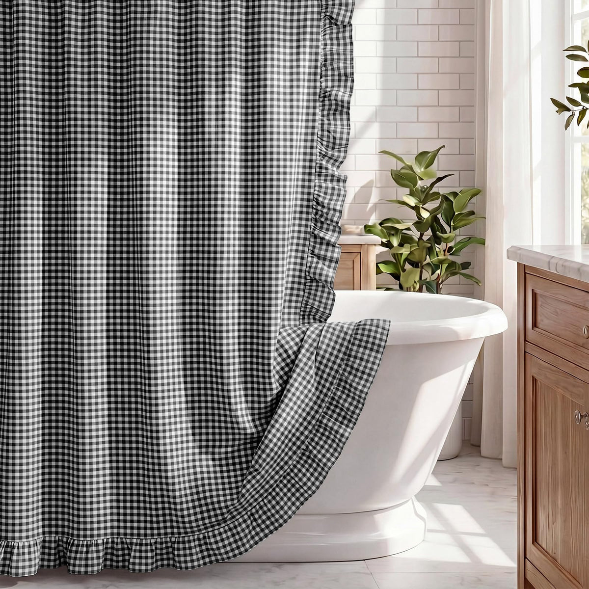 HunnmingRe Ruffle Hem Gingham Shower Curtain Sage Green