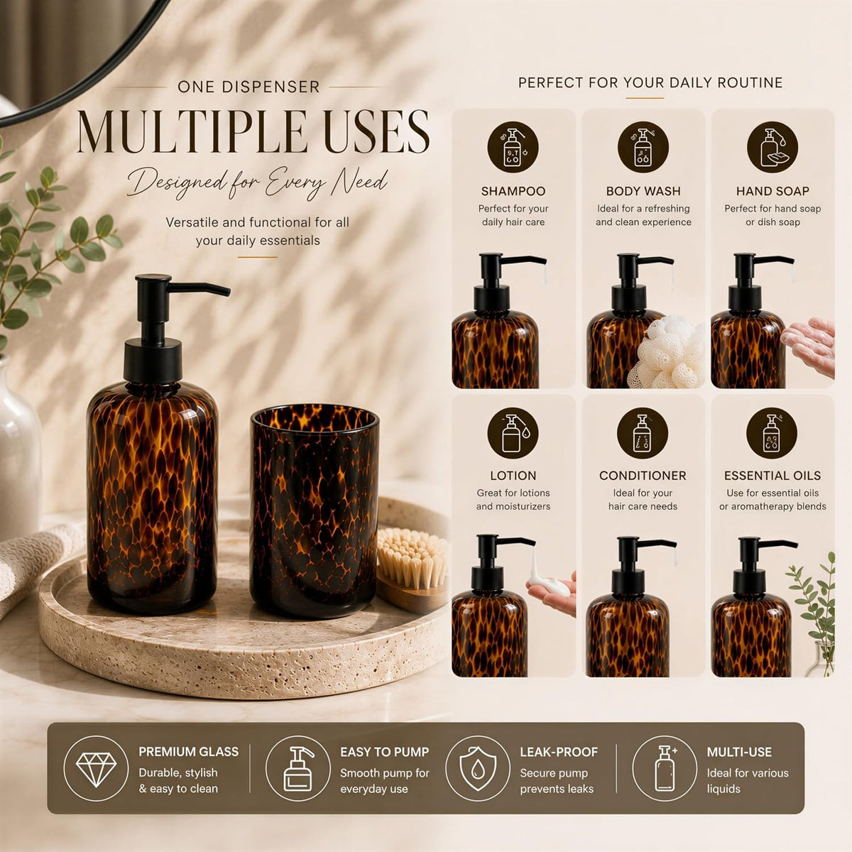 Tortoise Shell Bathroom Accessories | Tortoise Shell Soap Dispenser with Toothbrush Holder | Leopard & Cheetah Bathroom Accessories | Brown Bathroom Decor | Amber Glass Soap Dispenser with Black Pump