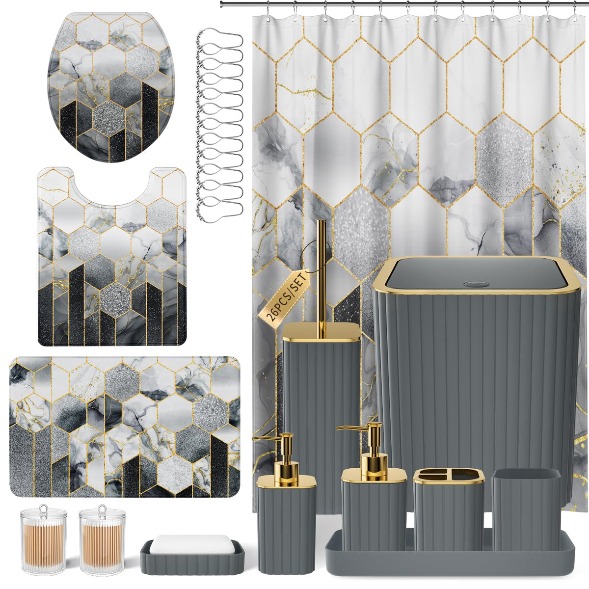 XLHOMO Bathroom Set - 26PC Bathroom Set with Shower Curtain and Rugs, Black