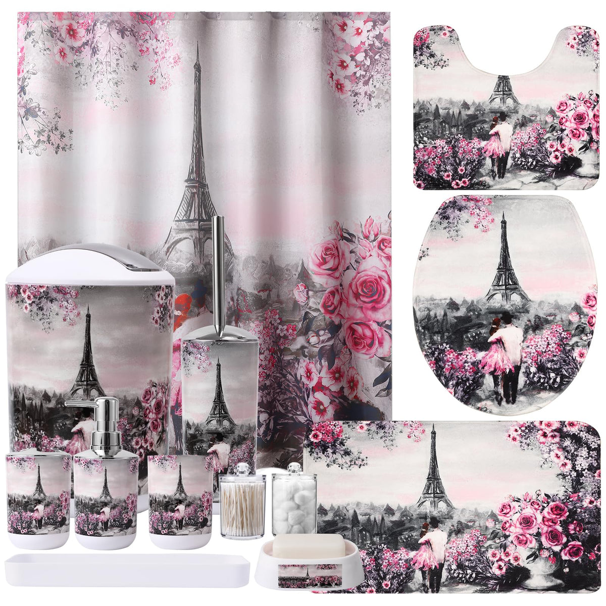 XLHOMO Bathroom Sets with Shower Curtain and Rugs,24PCS Black Bathroom Set Shower Curtain Set with Bathroom Trash Can Bathroom Accessories