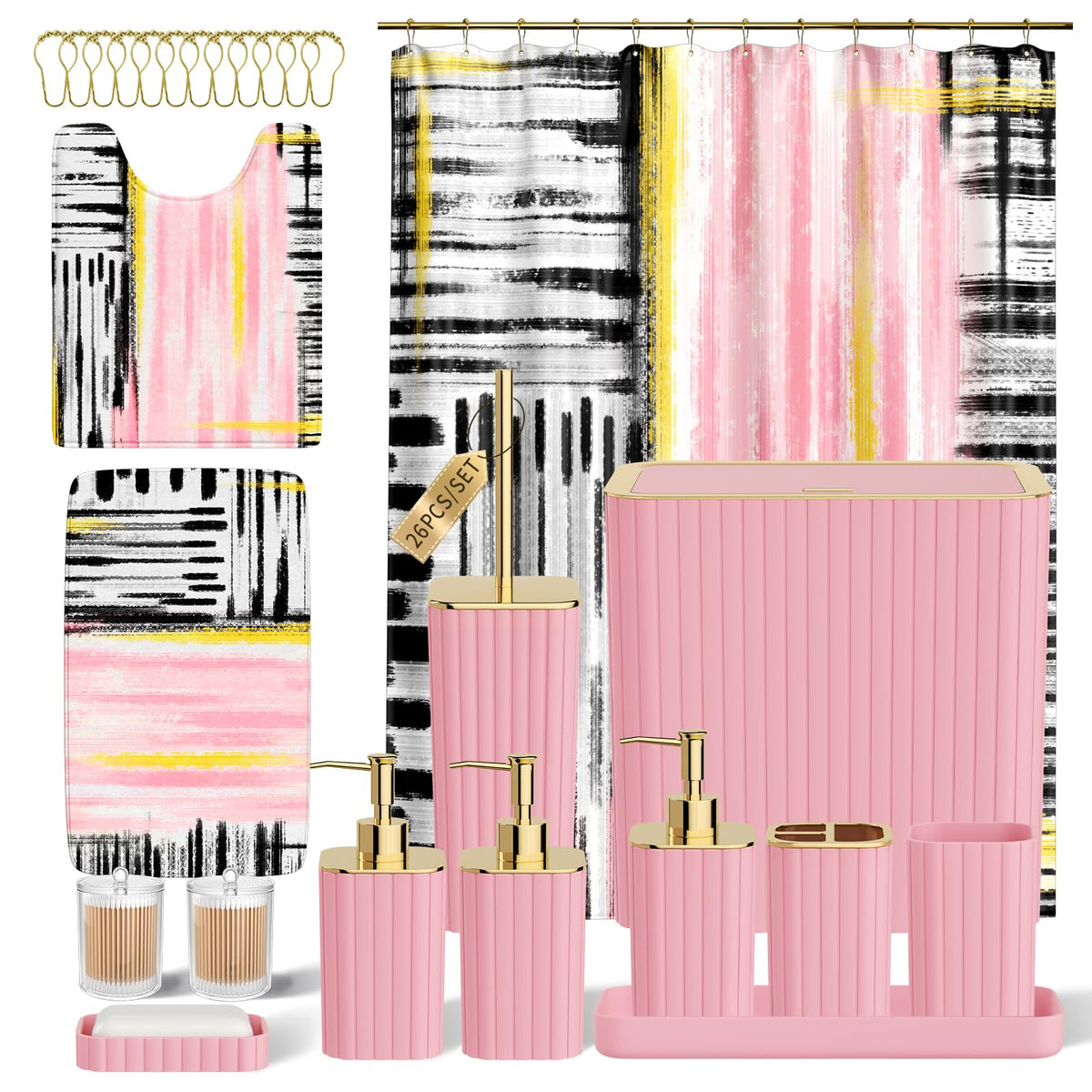 Bathroom Sets with Shower Curtain and Rugs - Elegant Bathroom Set, 27PC Bathroom Accessories Set, Green Bathroom Set, Mini Trash Can, Toilet Brush, Trash Can & Soap Dispenser