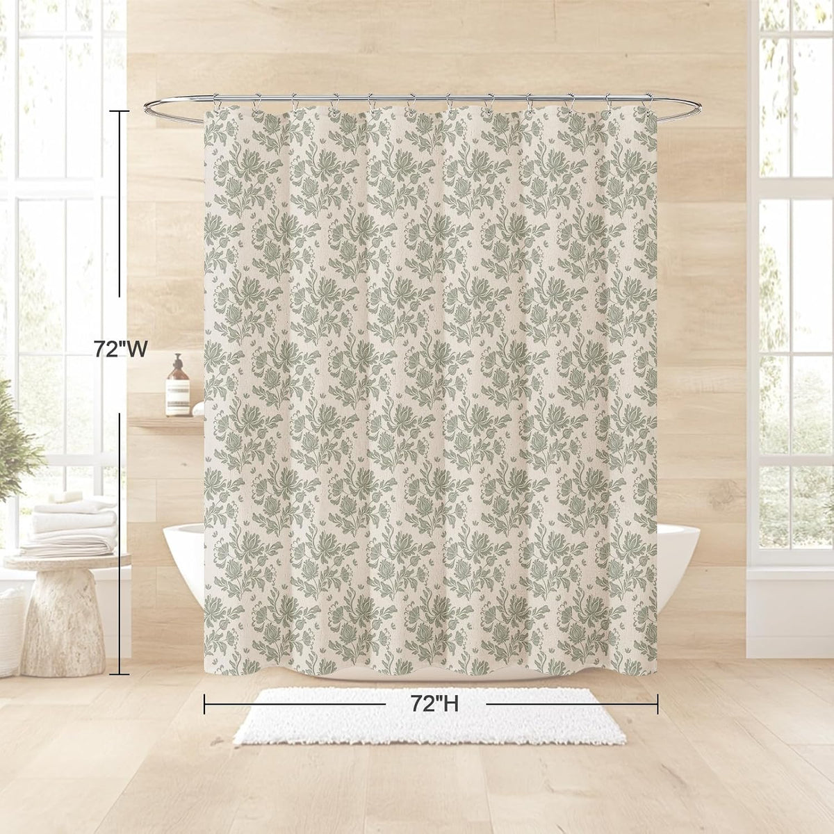 MitoVilla Sage Linen Farmhouse Shower Curtain, Vintage Boho Floral 72x72