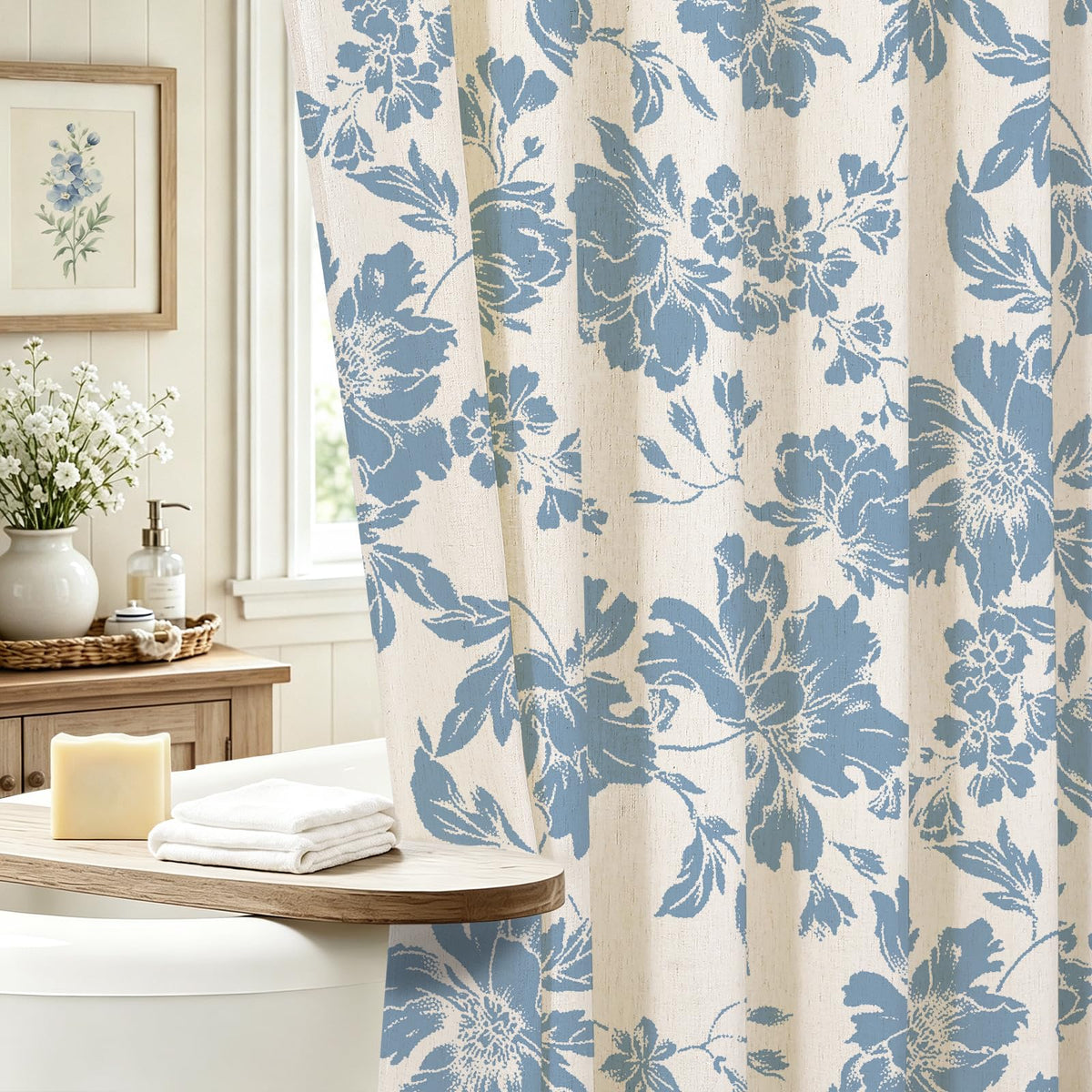 Sage Farmhouse Boho Botanical Floral Linen Shower Curtain, 72x72