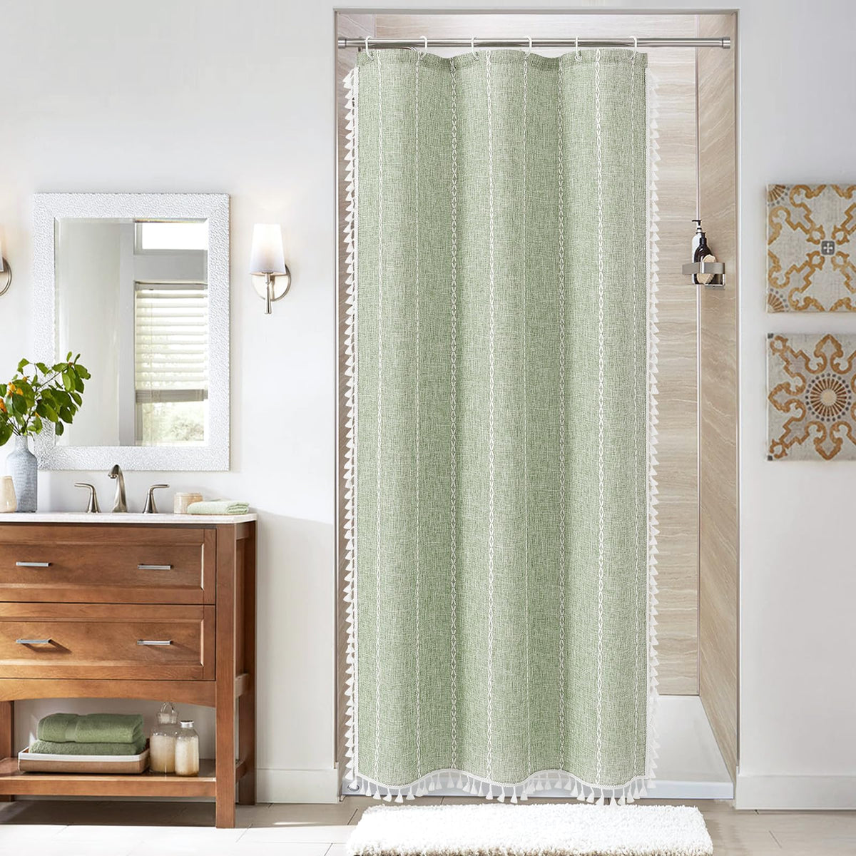 Boho Farmhouse Tassel Linen Shower Curtain,3D Embroidery Stripe Blue,72x72