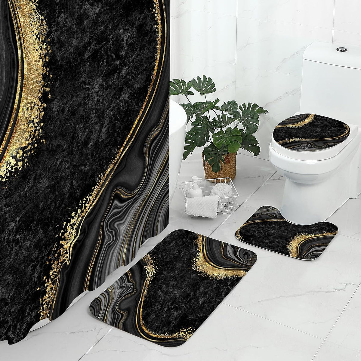 Gibelle 4 Pcs Luxury Marble Shower Curtain Set with Non-Slip Rugs, Toilet Lid Cover and Bath Mat, Black Gold Bathroom Decor Set with Shower Curtain and Rugs and Accessories
