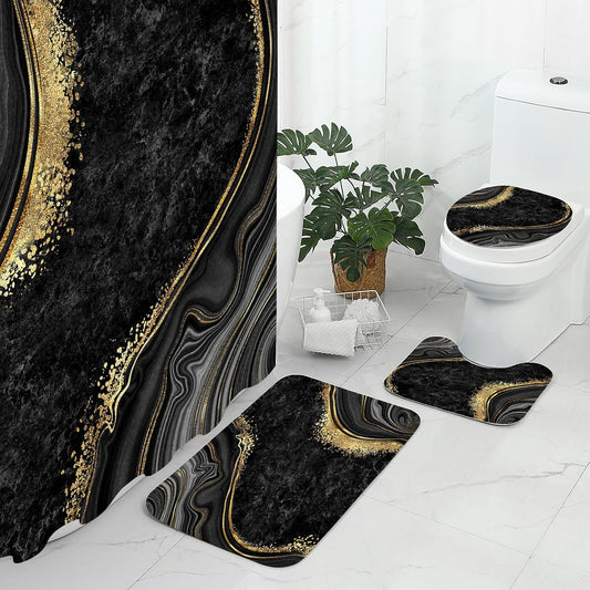 Gibelle 4 Pcs Luxury Marble Shower Curtain Set with Non-Slip Rugs, Toilet Lid Cover and Bath Mat, Black Gold Bathroom Decor Set with Shower Curtain and Rugs and Accessories