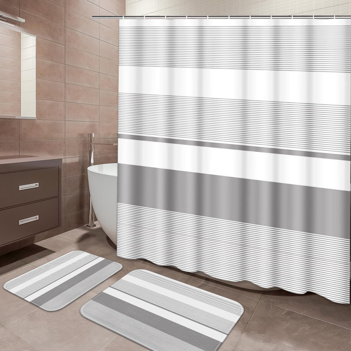 ArtSocket Bathroom Set of 3, Shower Curtain and Bath Rugs Beige Striped