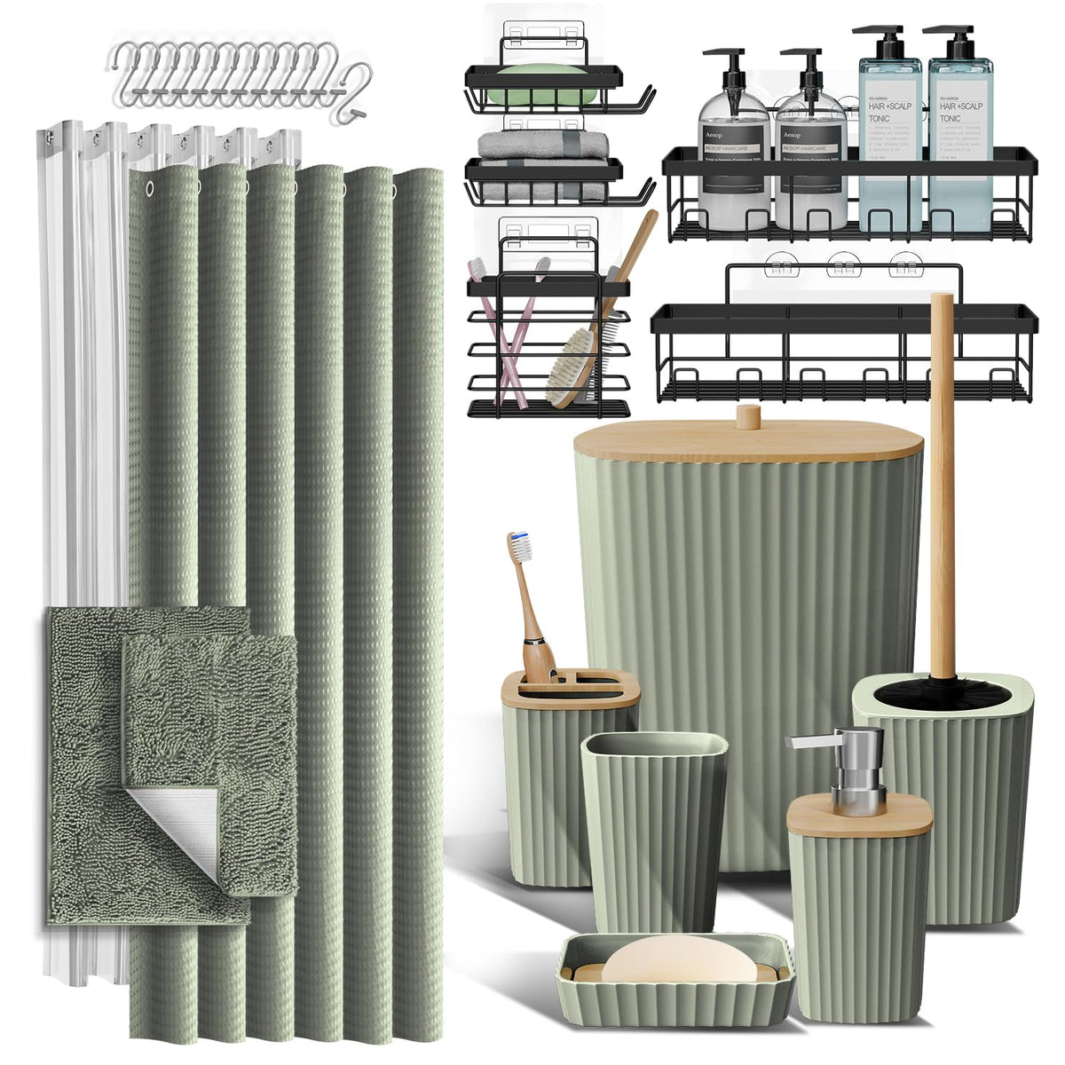 Clara Clark Black Bathroom Set, Shower Curtain Set, Bathroom Accessory Set
