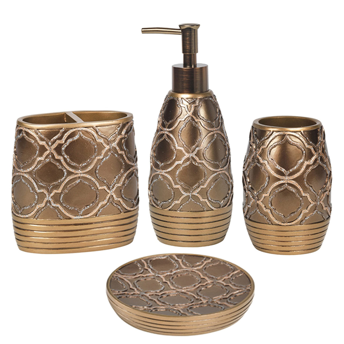 Zahari Home 4pc Modern Line Modern Bathroom Accessories Set Modern Soap Dispenser, Tumbler, Tooth Brush Holder and Dish Soap Holder Luxury Contemporary Grey Decor Unique Design Luxury Bath Set
