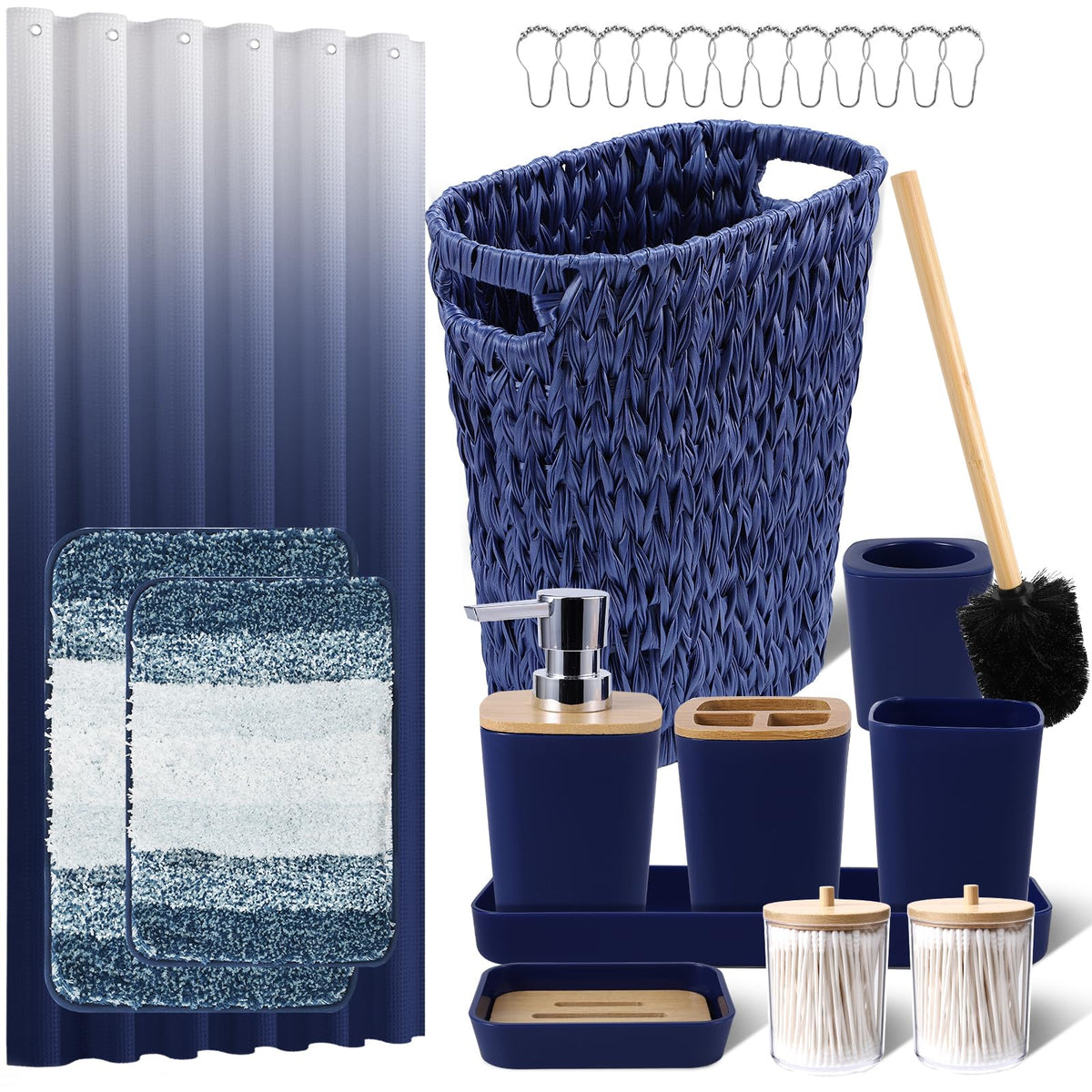 XLHOMO Bathroom Sets with Shower Curtain and Rugs,24PCS Black Bathroom Set Shower Curtain Set with Bathroom Trash Can Bathroom Accessories