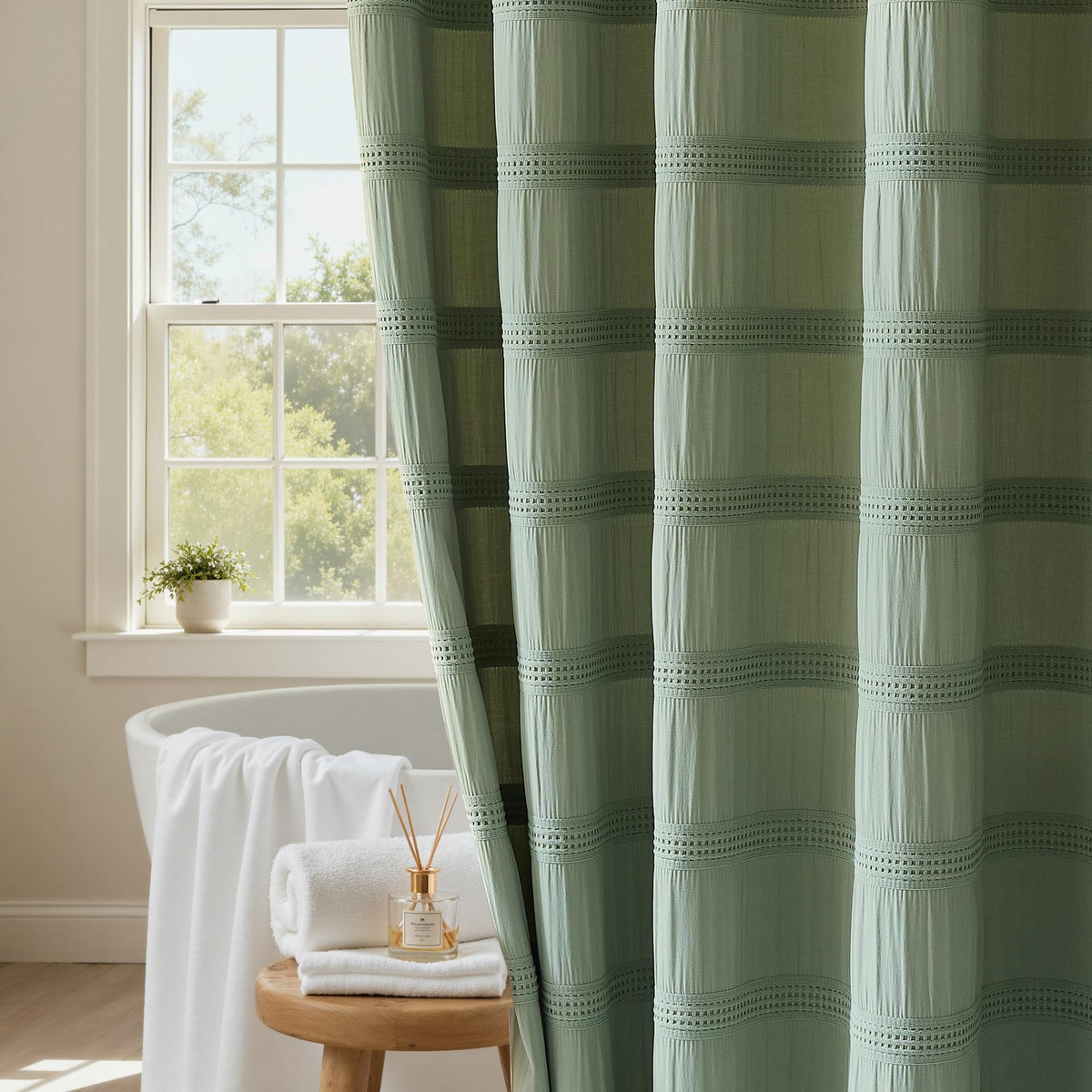 Extra Long White Shower Curtain Farmhouse,72 x 96 Cotton Blend Waffle Tufted Striped Chic Textured Fabric Shower Curtain for Bathroom, Hotel, Washable