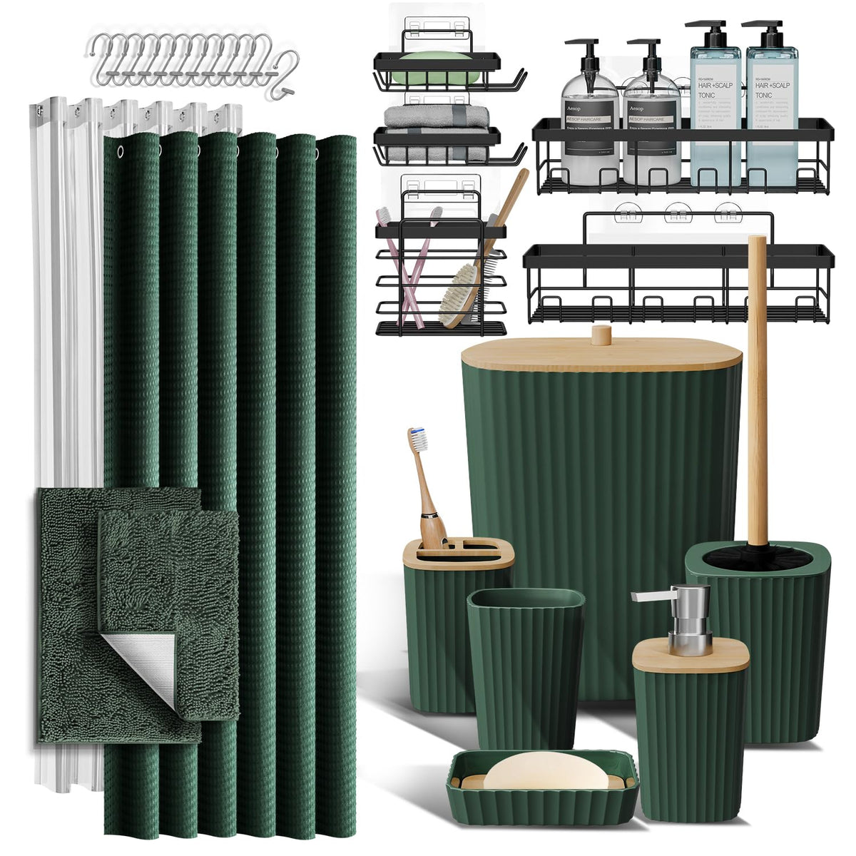 Clara Clark Black Bathroom Set, Shower Curtain Set, Bathroom Accessory Set