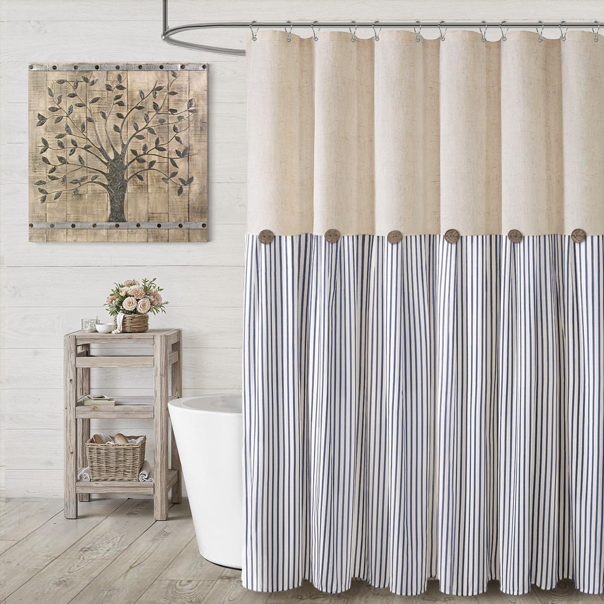 Farmhouse Shower Curtain Linen Beige Button Brown Stripe 72"W x 72"L