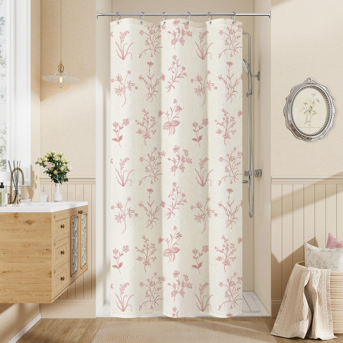 MitoVilla Blue Boho Linen Shower Curtain - Floral Farmhouse Curtain 72x72
