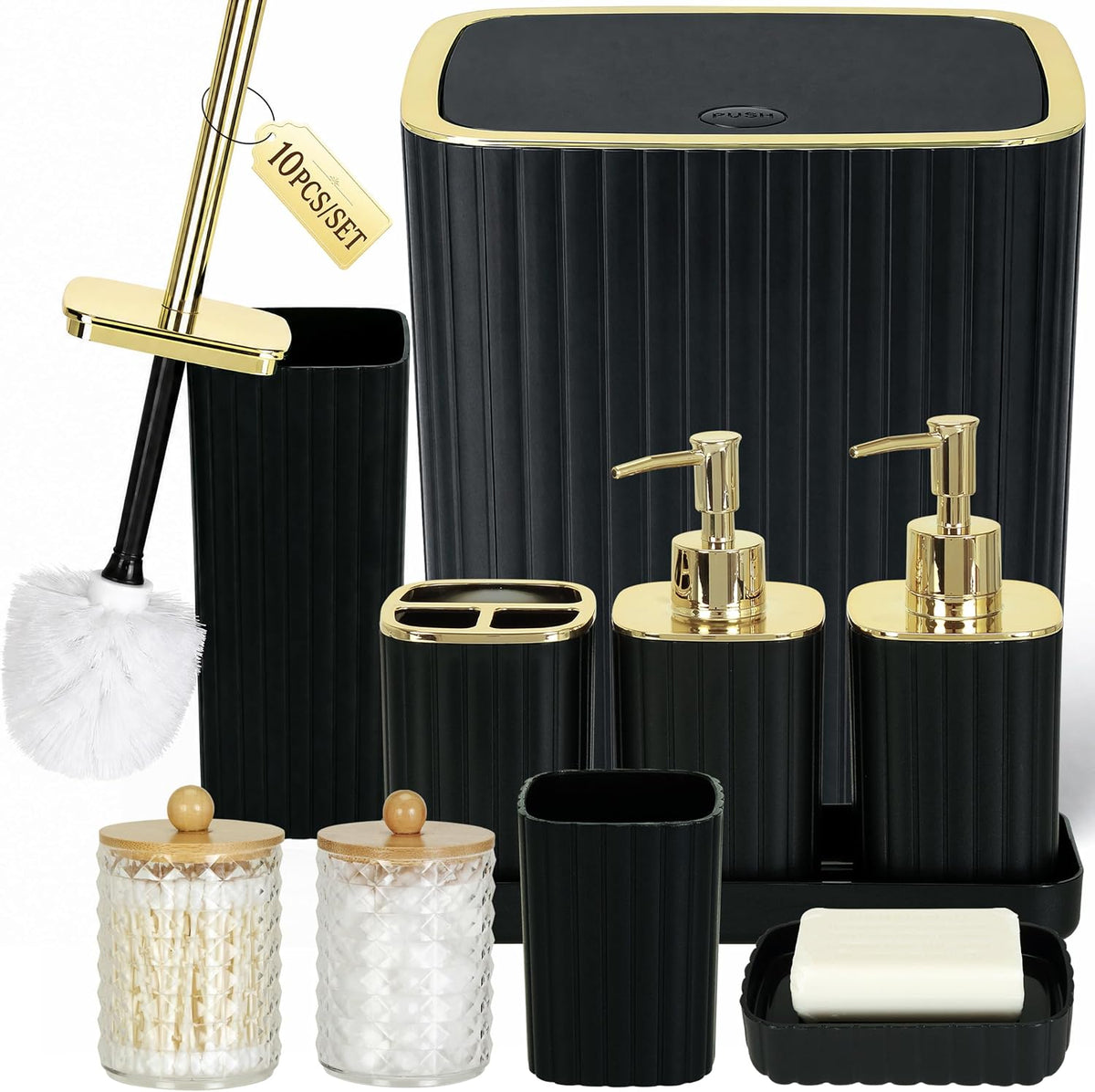 Bathroom Accessories Set, 10-Piece Black and Gold All-in-One Bathroom Set