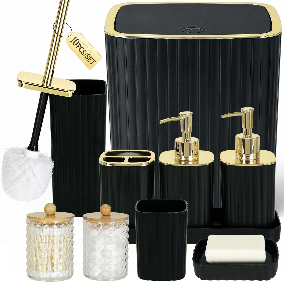Bathroom Accessories Set, 10-Piece Black and Gold All-in-One Bathroom Set