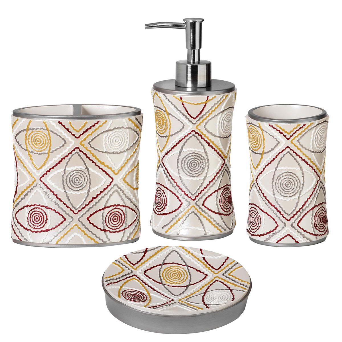 Zahari Home 4pc Modern Line Modern Bathroom Accessories Set Modern Soap Dispenser, Tumbler, Tooth Brush Holder and Dish Soap Holder Luxury Contemporary Grey Decor Unique Design Luxury Bath Set