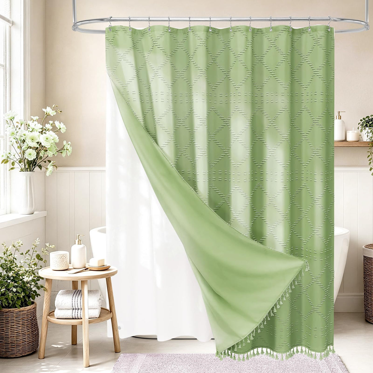 Blue Boho Woven Fabric Shower Curtain with Tassel 72 x 72, Tufted Textured