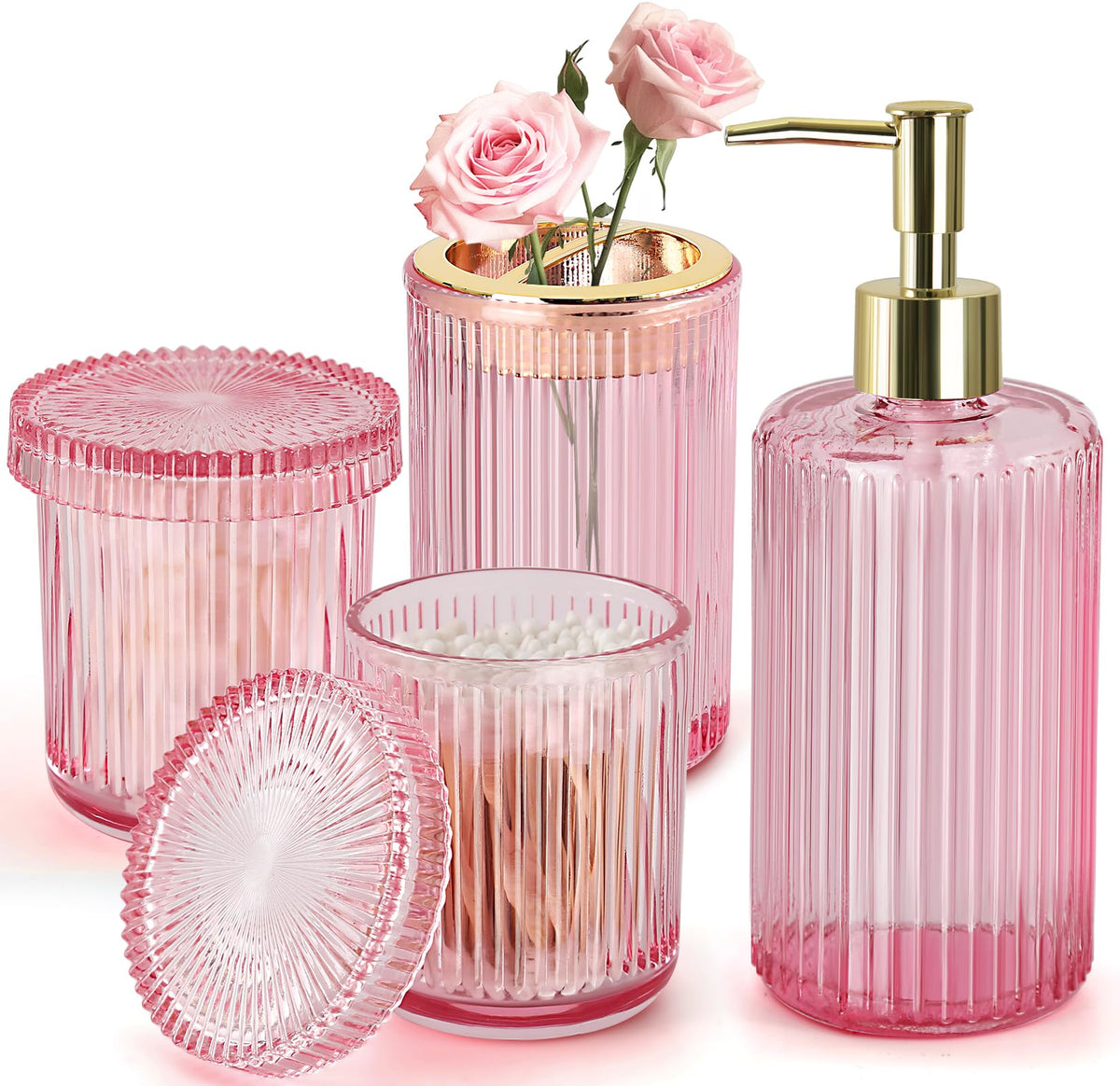 RYTOXILO Bathroom Accessories Set, 4 Pack Clear Glass Bath Accessory Sets Complete, Ribbed Soap Dispenser and Toothbrush Holder Set with 2 Qtip Holders, Modern Sliver Bathroom Counter Decor
