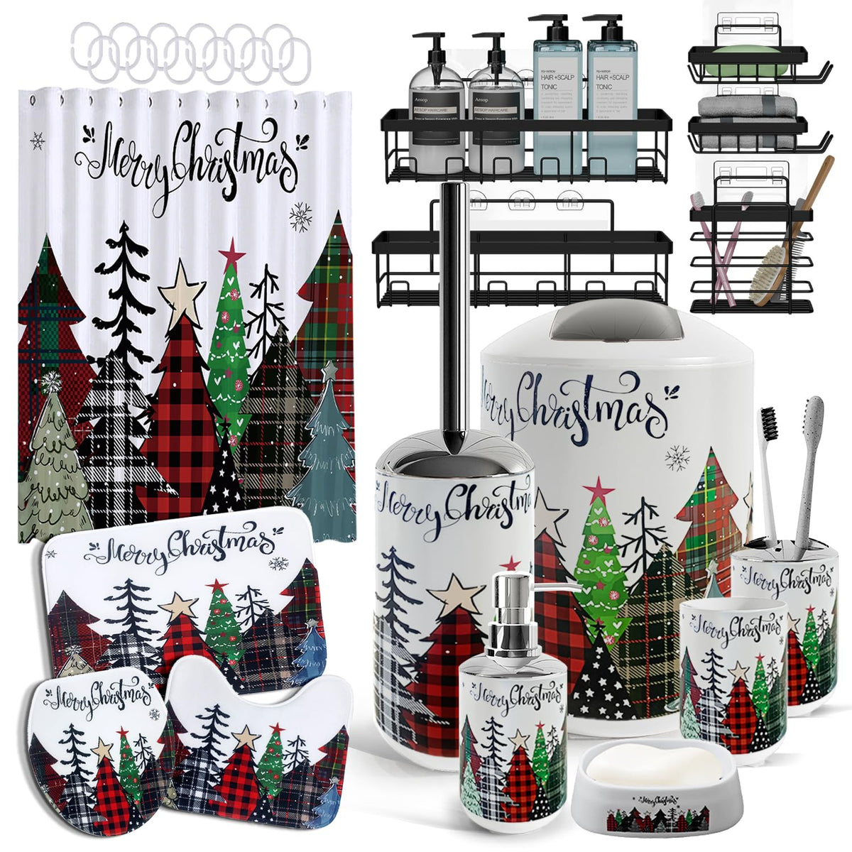 Clara Clark Bathroom Set - Navy Bathroom Accessories Set, 20PC Bathroom Accessory Set, Shower Curtain Set with Liner, Toothbrush Holder, Soap Dispenser, Soap Dish, Toilet Brush Holder, and Trash Can