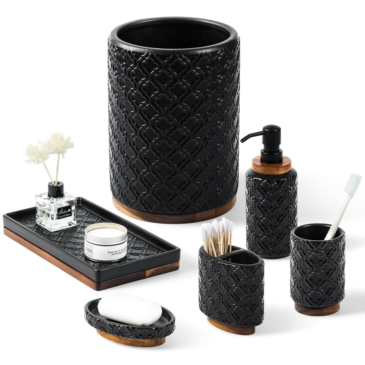 RQYIXI Ceramic Bathroom Accessories Set,White,4 Piece,Embossed Design