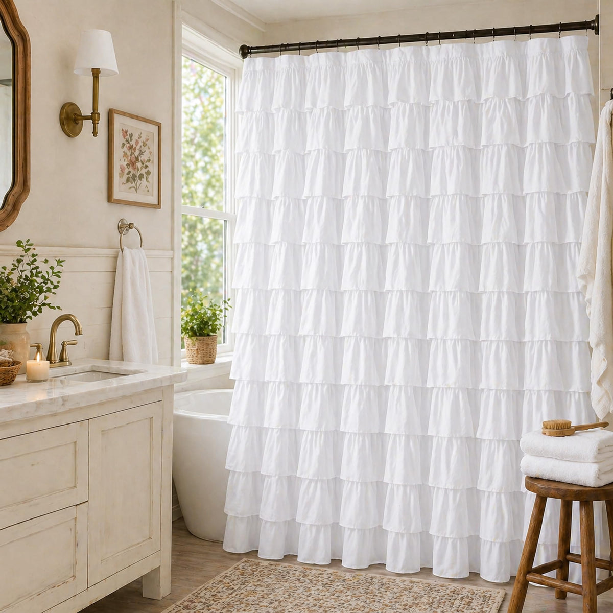 White Ruffle Shower Curtain for Bathroom,72 x 72 Inches, Farmhouse Style