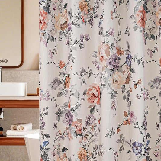 Vintage Floral Shower Curtain 72x72, Lightweight Faux Linen Fabric Bathroom Curtains, Shabby Chic Purple and Pink Rose Cottagecore Bathroom Decor (Oatmeal/Pink Violet)