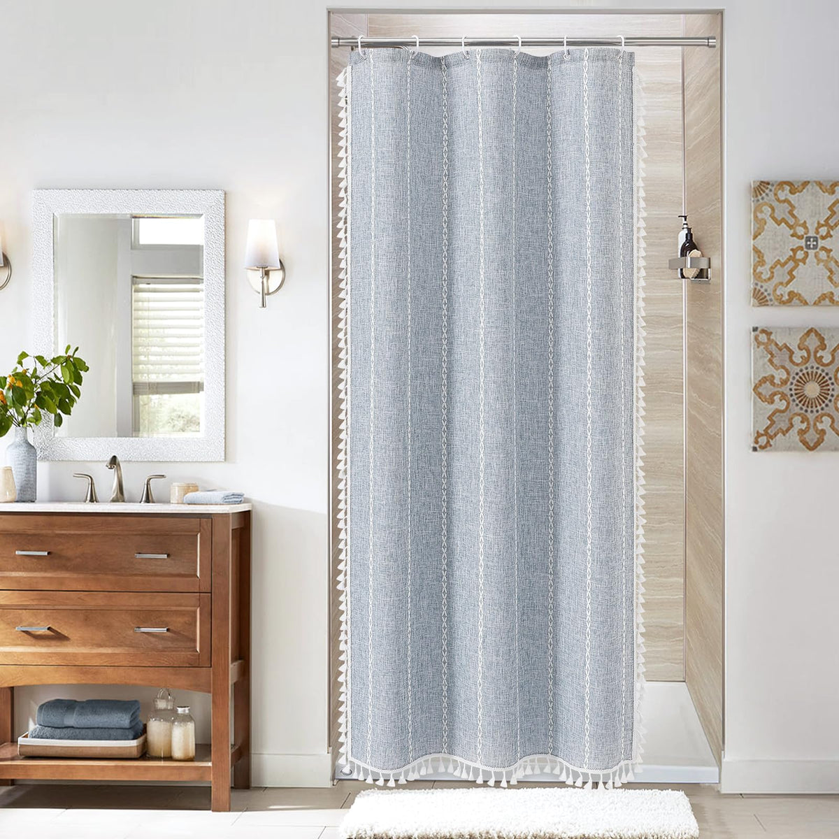 Boho Farmhouse Tassel Linen Shower Curtain,3D Embroidery Stripe Blue,72x72