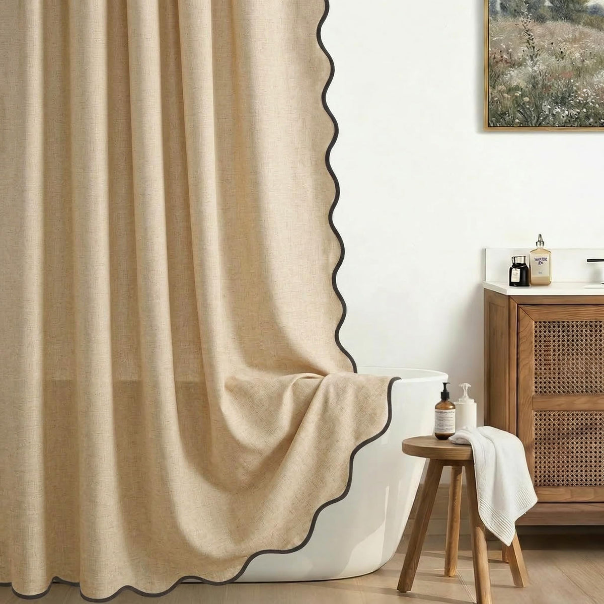 Scalloped Shower Curtain Linen Boho Beige 72" W x 72" L