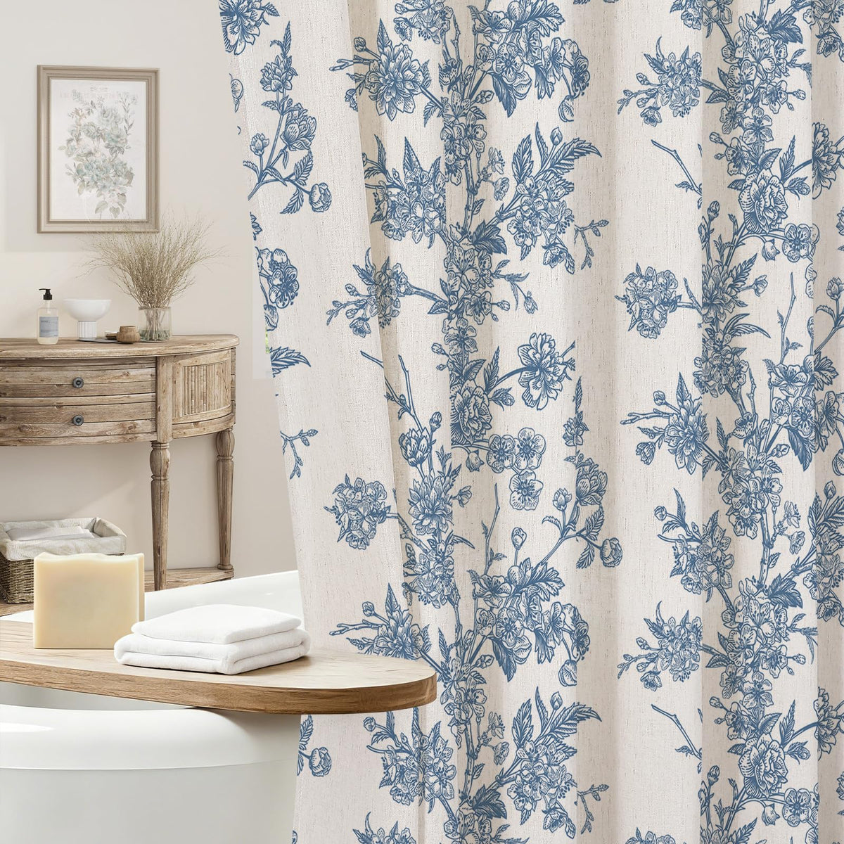 Sage Linen Farmhouse Shower Curtain, Vintage Boho Floral 72x72