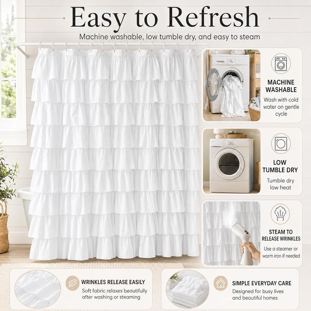 White Ruffle Shower Curtain for Bathroom,72 x 72 Inches, Farmhouse Style
