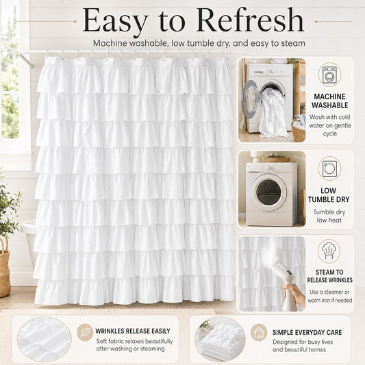 White Ruffle Shower Curtain for Bathroom,72 x 72 Inches, Farmhouse Style