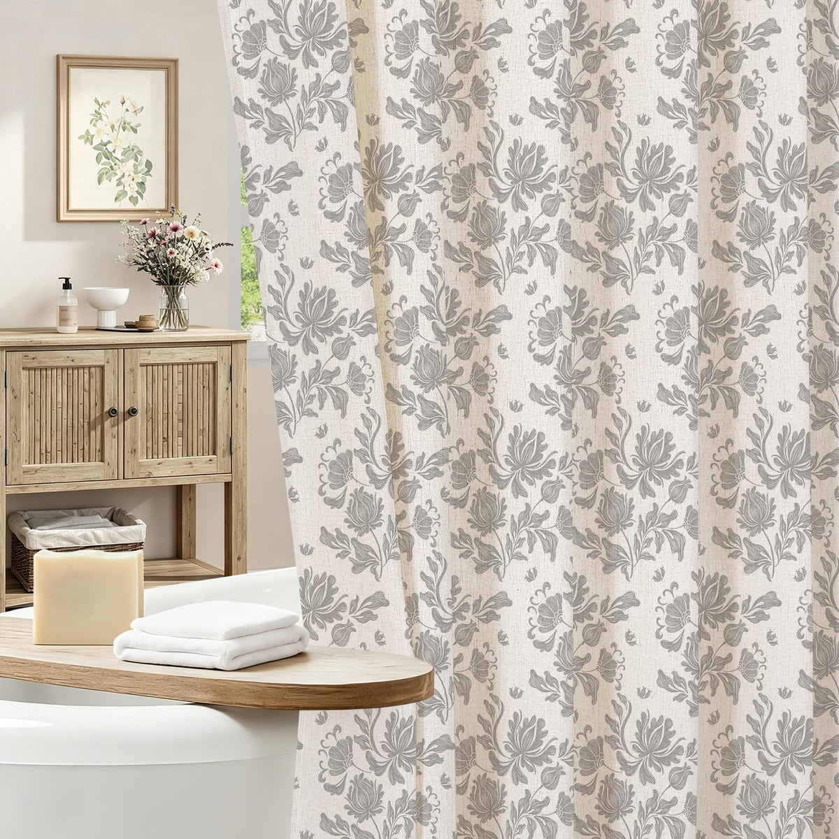 MitoVilla Sage Linen Farmhouse Shower Curtain, Vintage Boho Floral 72x72