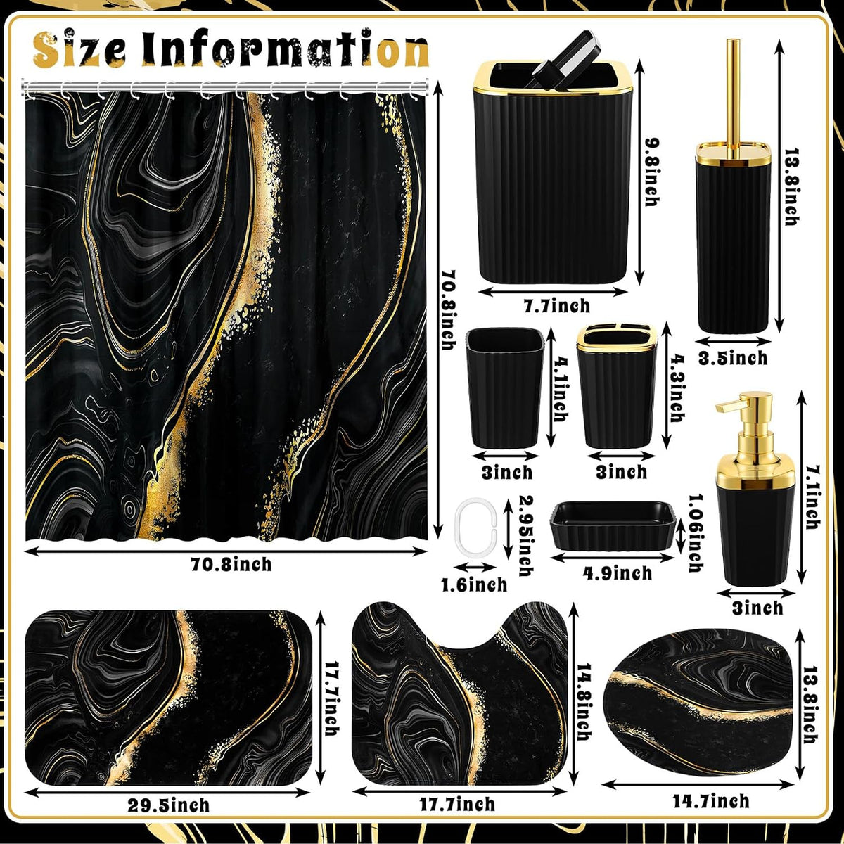 Patelai 10 Pcs Black and Gold Marble Bathroom Decor Set with Shower Curtain